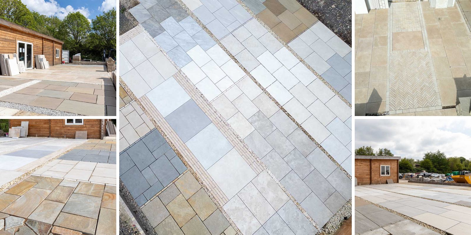 A large variety of porcelain and natural stone paving slabs installed and on display for customers to view at Love Stone in Ewshot, Surrey