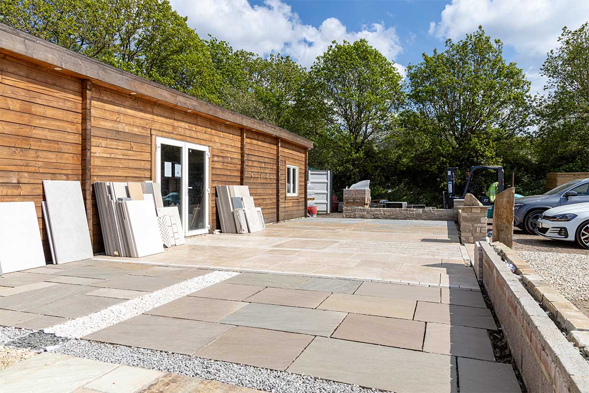 Extensive displays of installed natural stone and porcelain paving at Love Stone in Ewshot, Hampshire