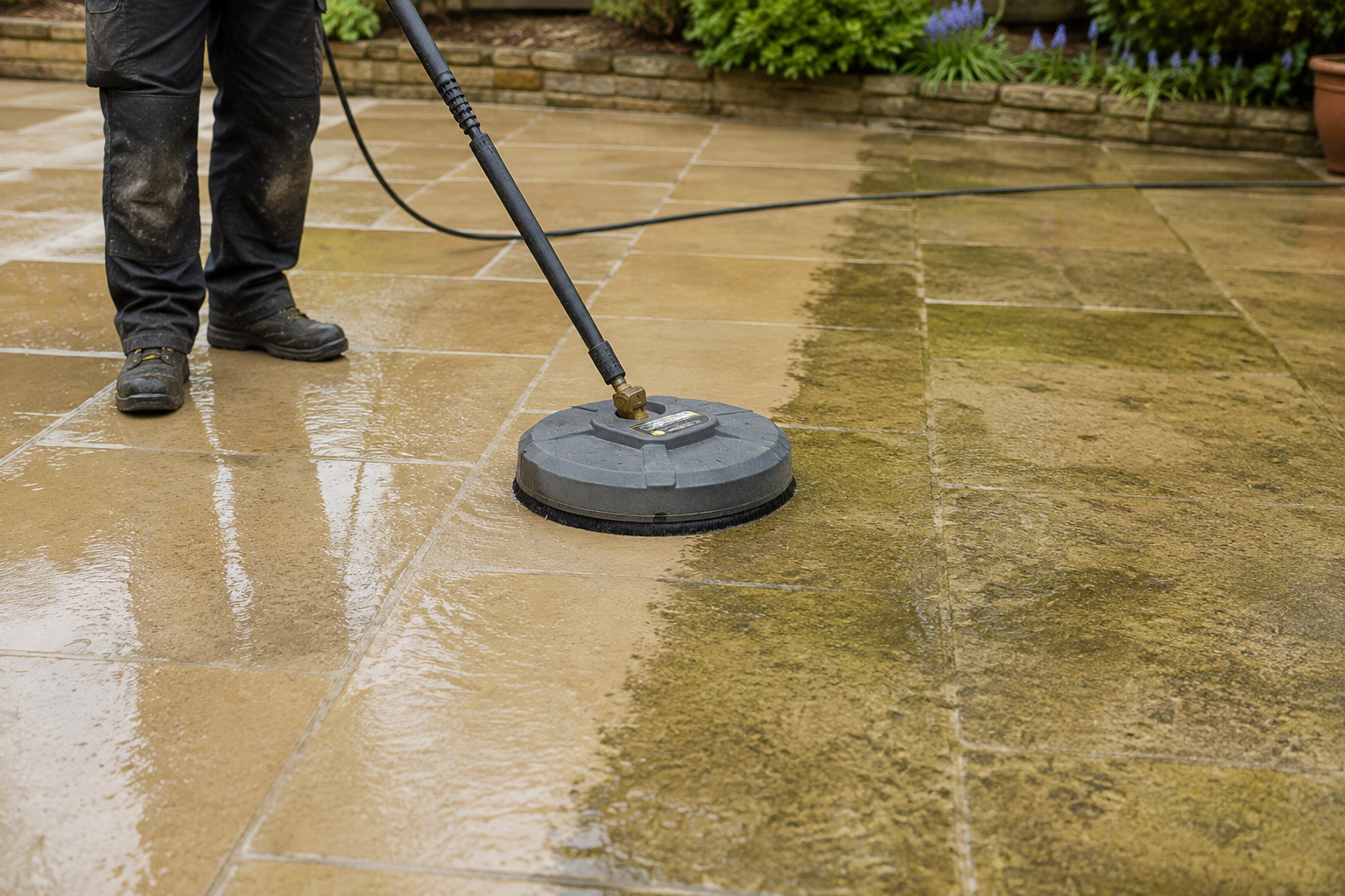 Person cleaning a dirty natural stone patio with a pressure washer before applying a coat of sealant