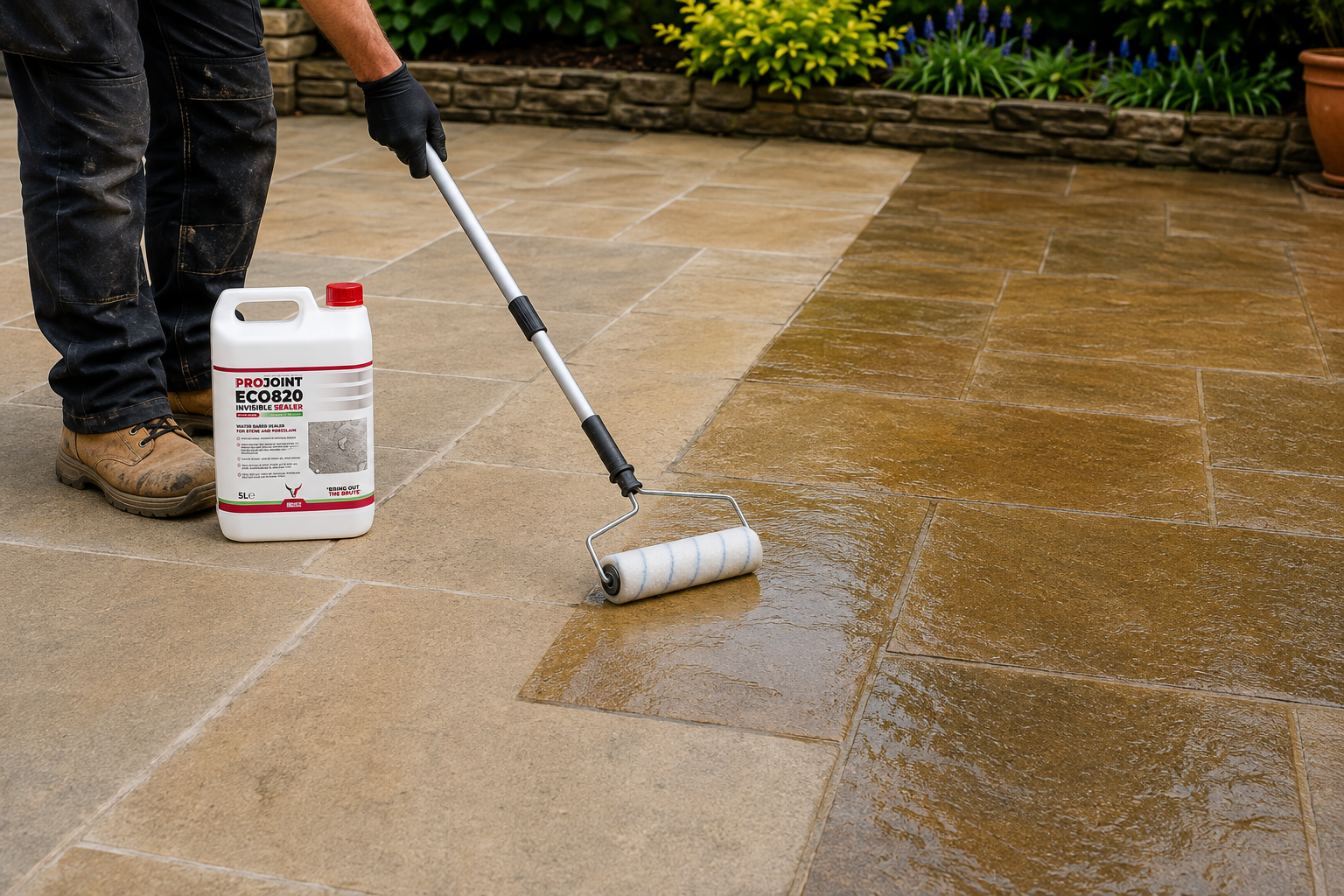 Applying an invisible water based penetrating sealant to a natural sandstone patio with a roller