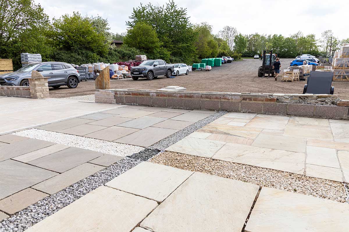 Decorative gravel and paving displays at the Love STone showroom in the grounds of Peacocks Nursery in Ewshot, Hampshire.