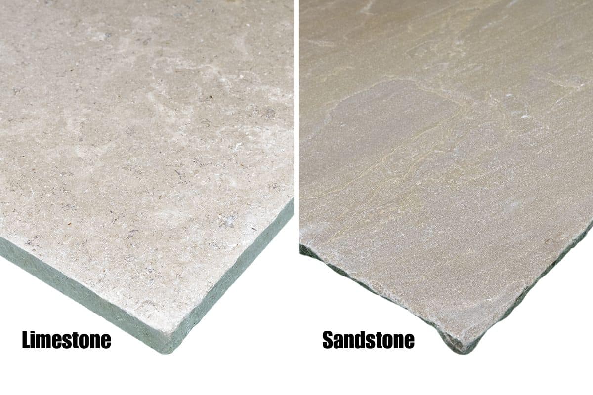 Image comparing limestone and sandstone paving slabs side-by-side
