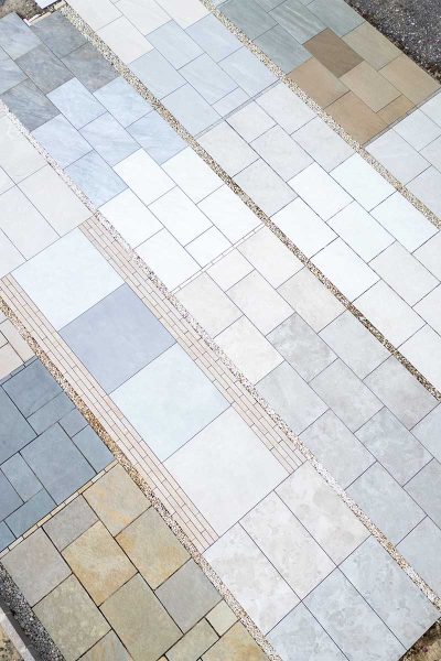 Aerial image of the paving display area at Love Stone showing over 30 types of paving and edging stones